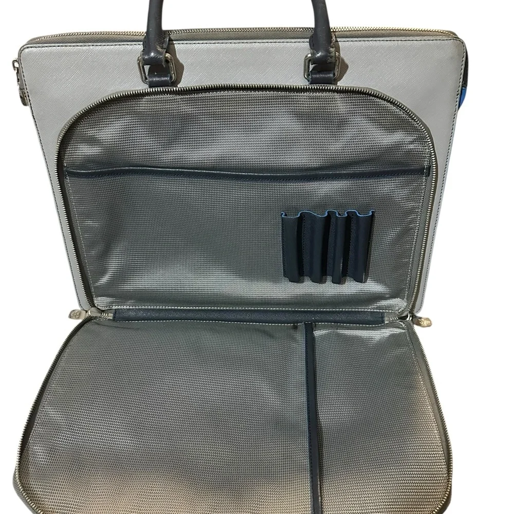MCM SAFFIANO LEATHER LAPTOP/DOCUMENT BAG GRAY & BLUE Silver Hardware